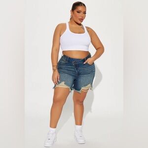 At A Glance Crossover Denim Shorts - Dark Wash